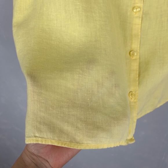 LL Bean women size L short sleeve button up top yellow 100% linen - Picture 3 of 10